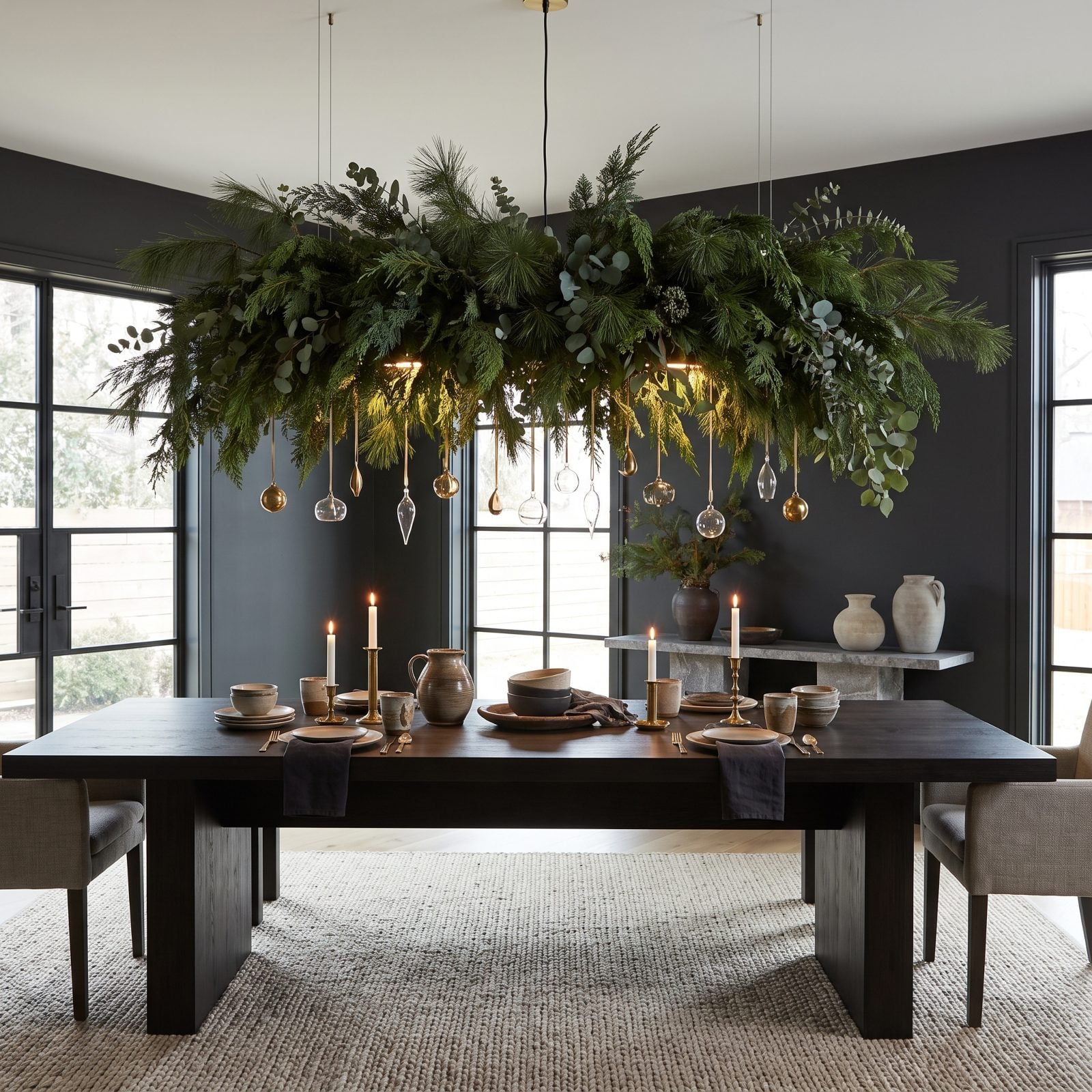 A Dining Room Transformed by a Suspended Evergreen Installation