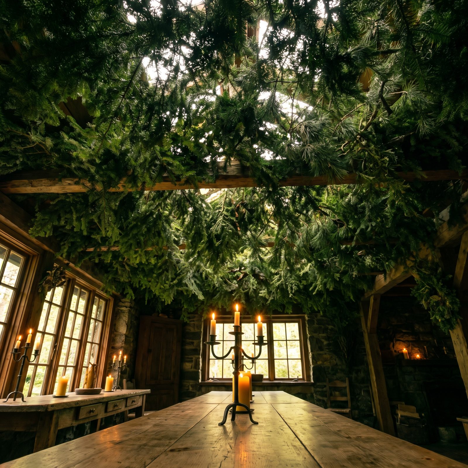A Dining Room Under a Full Evergreen Canopy