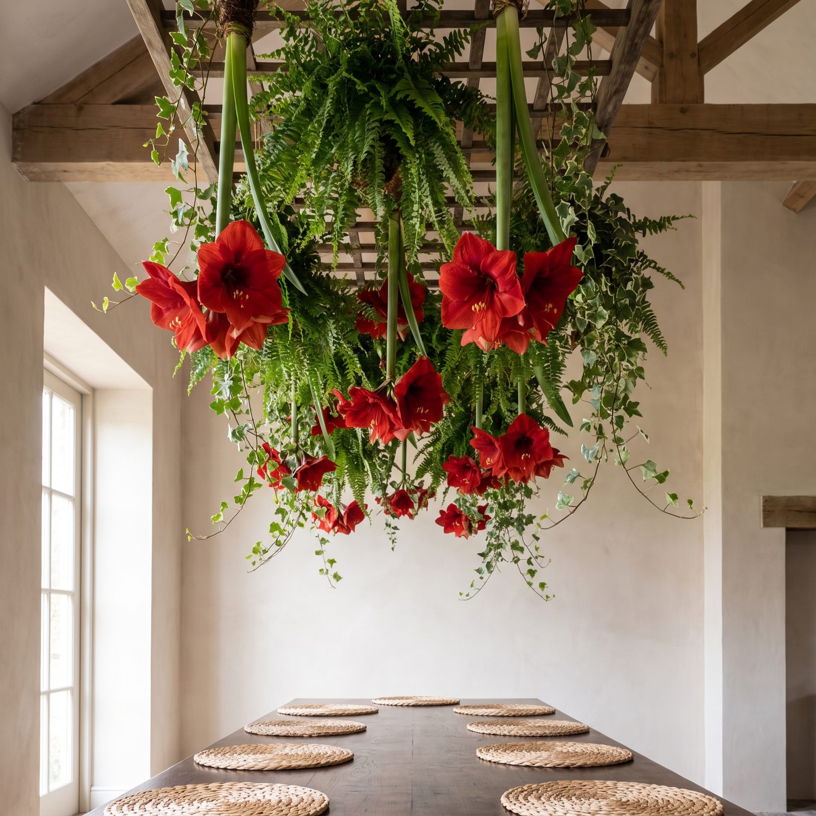 A Dining Room Where Amaryllis and Greenery Hang Above the Table