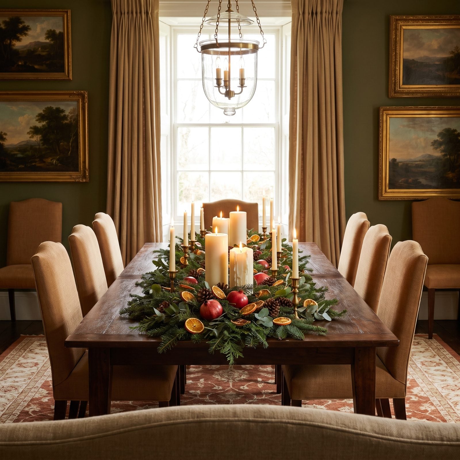 A Dining Table Anchored by an Oversized Advent Centerpiece