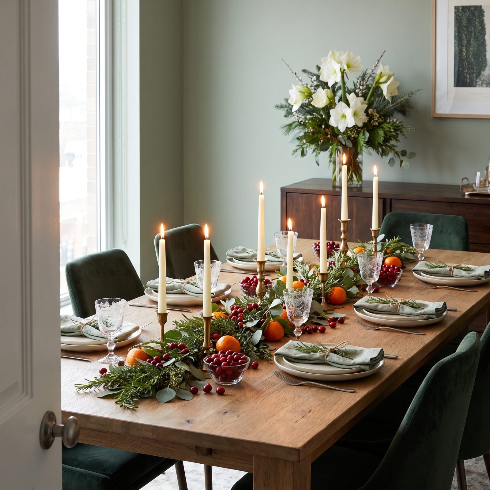 A Dining Table Set With Cranberries, Rosemary and Taper Candles