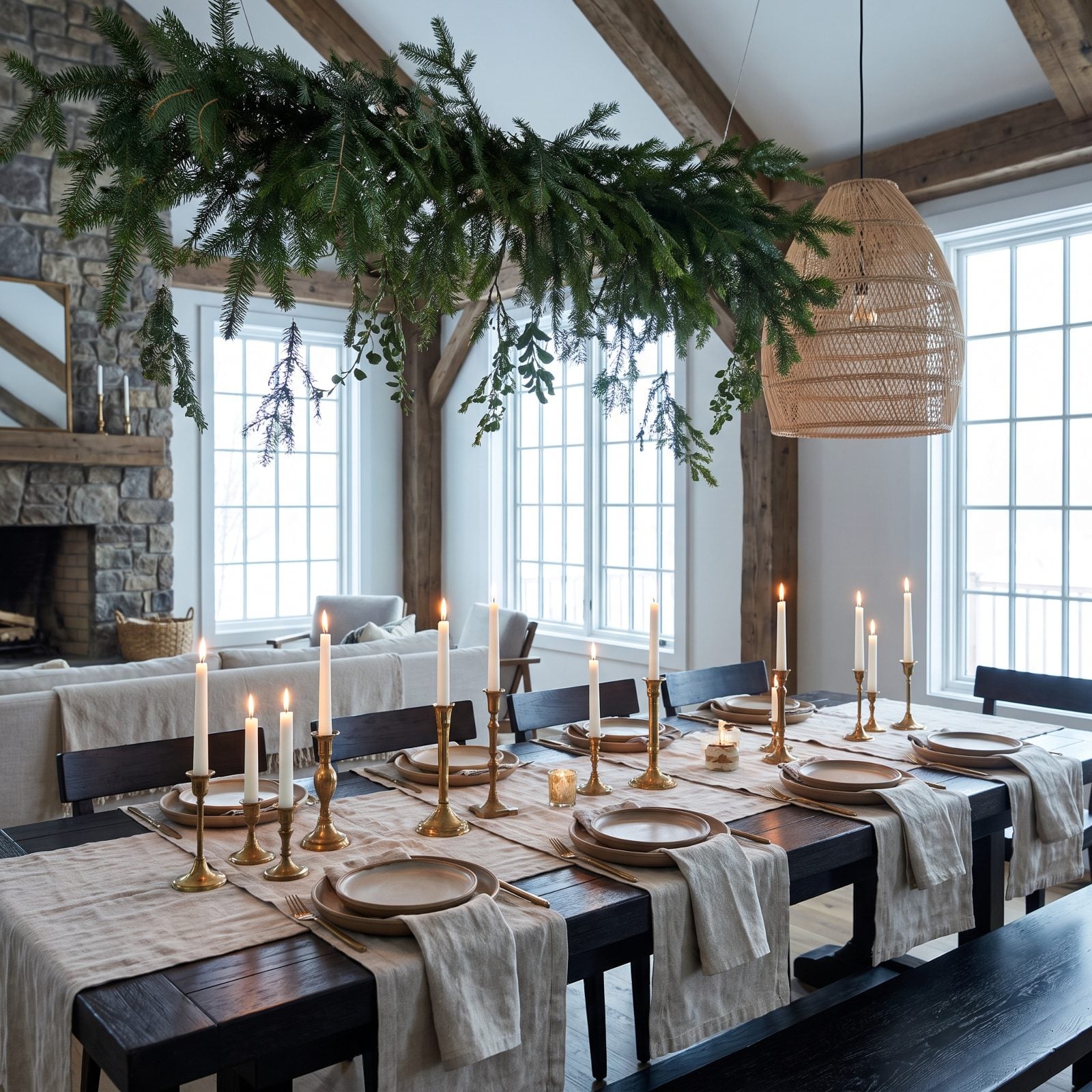 A Dining Table Under a Floating Evergreen Canopy