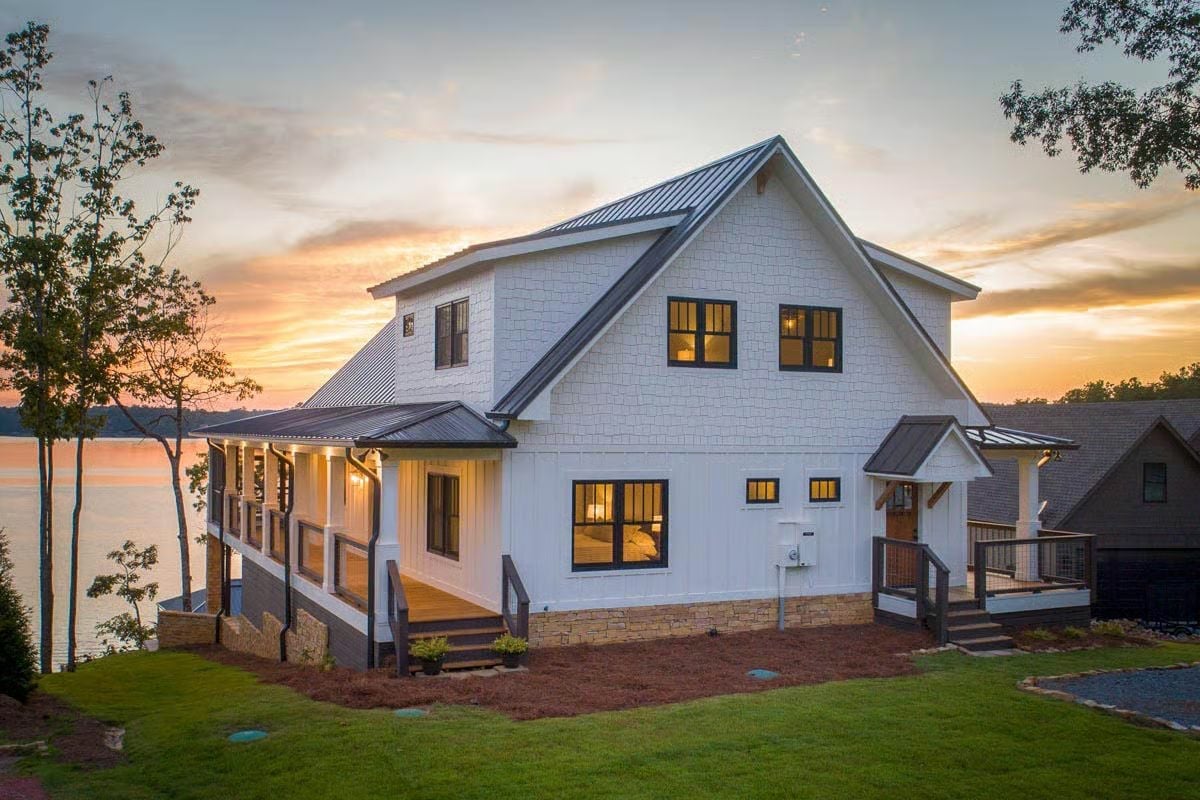 Lakefront Living Gets a Modern Farmhouse Moment at Golden Hour