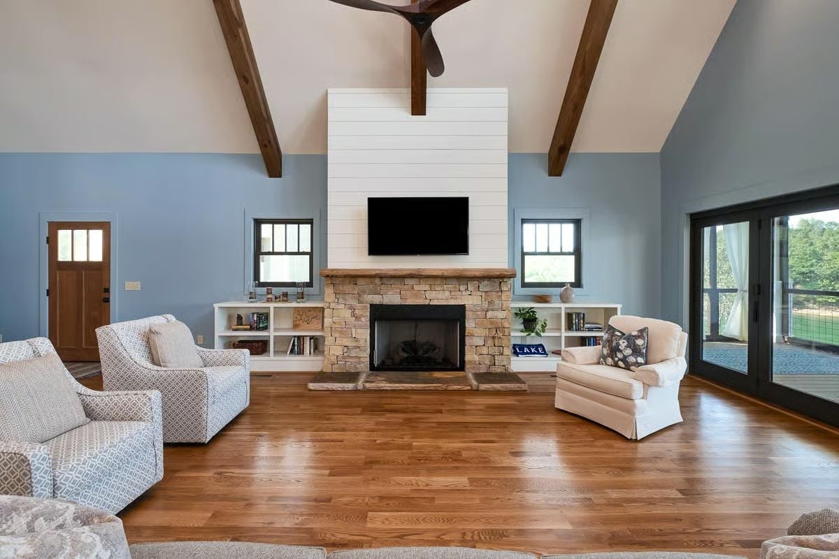 Shiplap, Stone, and Cathedral Ceilings Make This Fireplace Wall Hard to Ignore