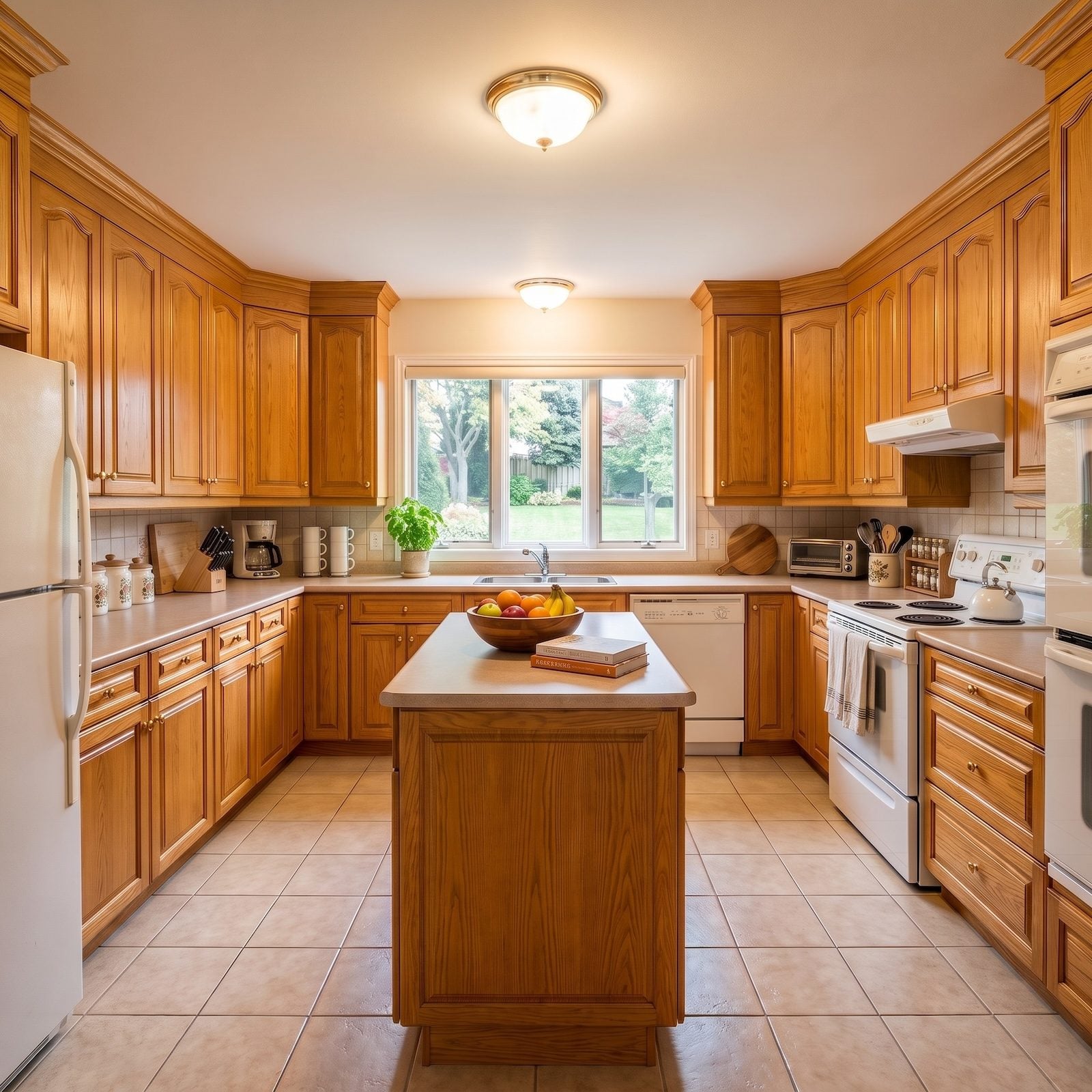 Original oak kitchen before 36 dramatic cabinet-preserving transformations