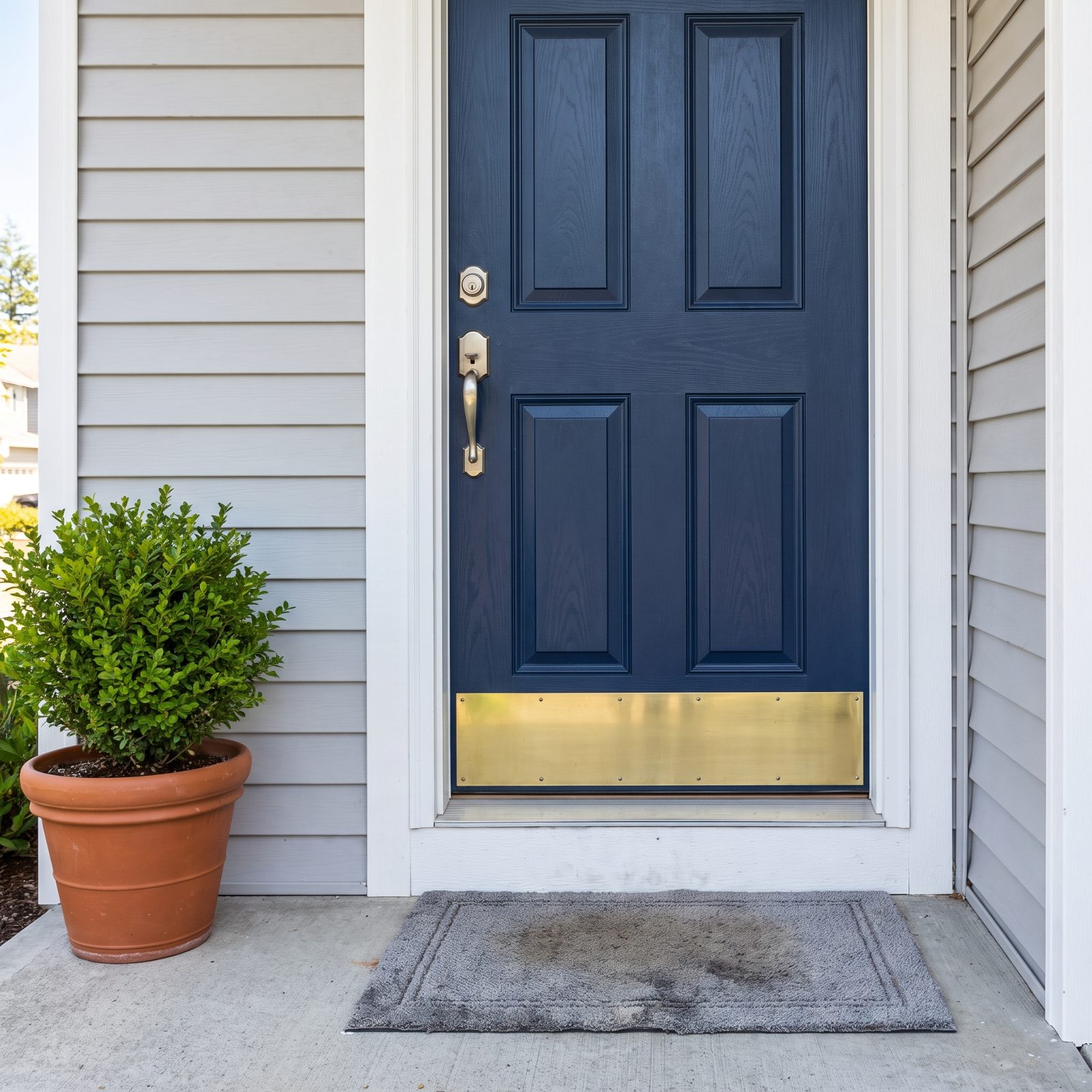 Suburban front entry with a deep navy six-panel door, nickel handle, and a boxwood in a pot to the left.