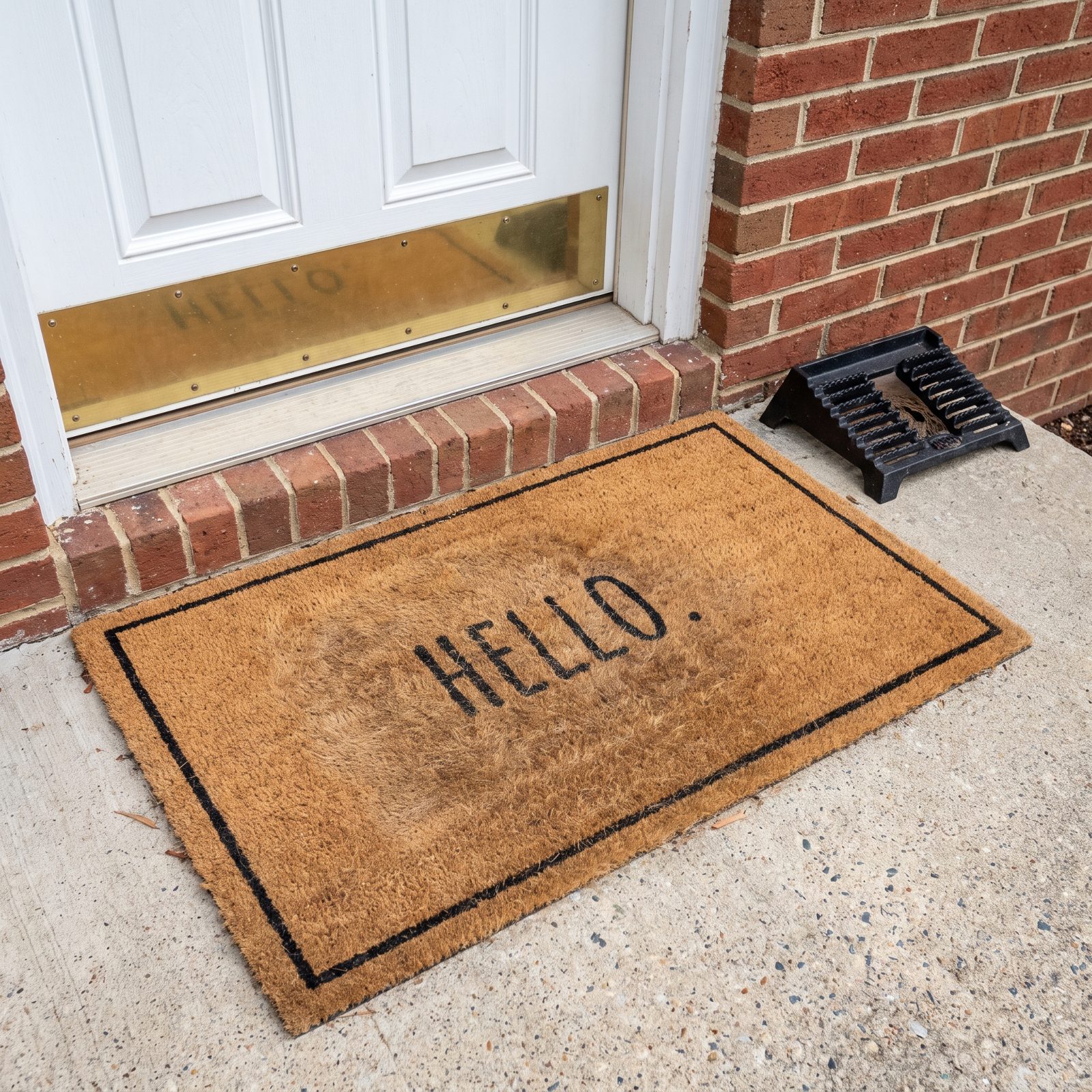 Coir doormat with a black border on a concrete front step in front of a white door.
