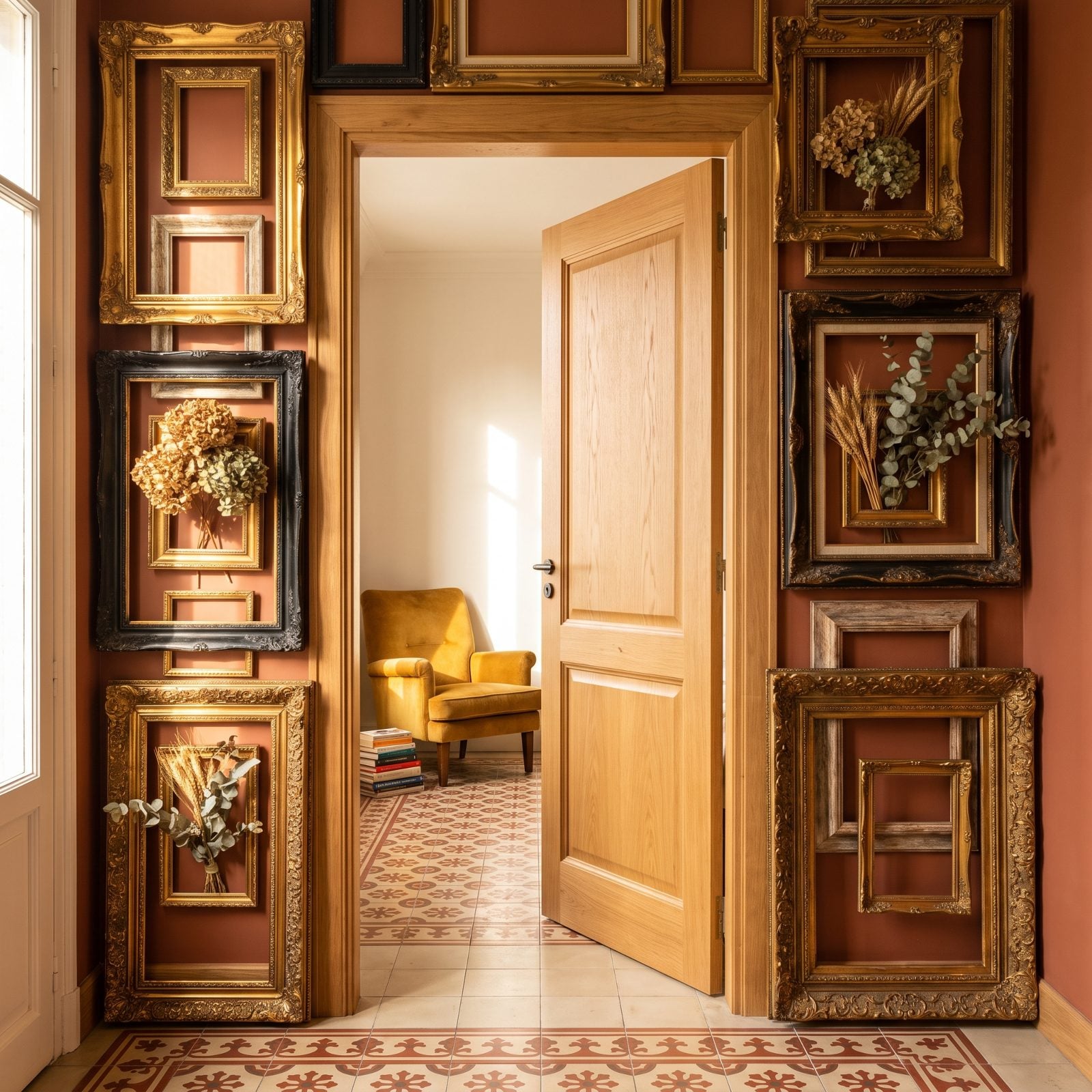 A Doorway Framed in Layered Antique Picture Frames