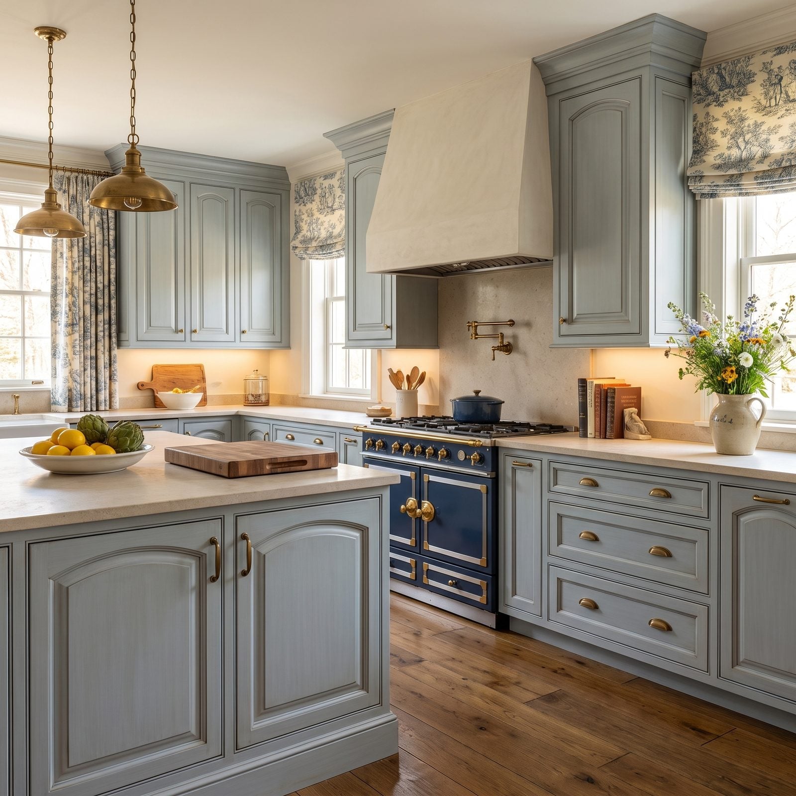 Kitchen with double cathedral panel cabinet doors: Double cathedral doors in French blue-grey with limestone counters and a French range.