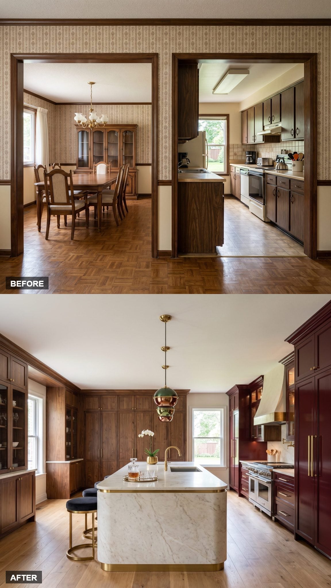 Dramatic Burgundy and Walnut Kitchen With a Brass Hood