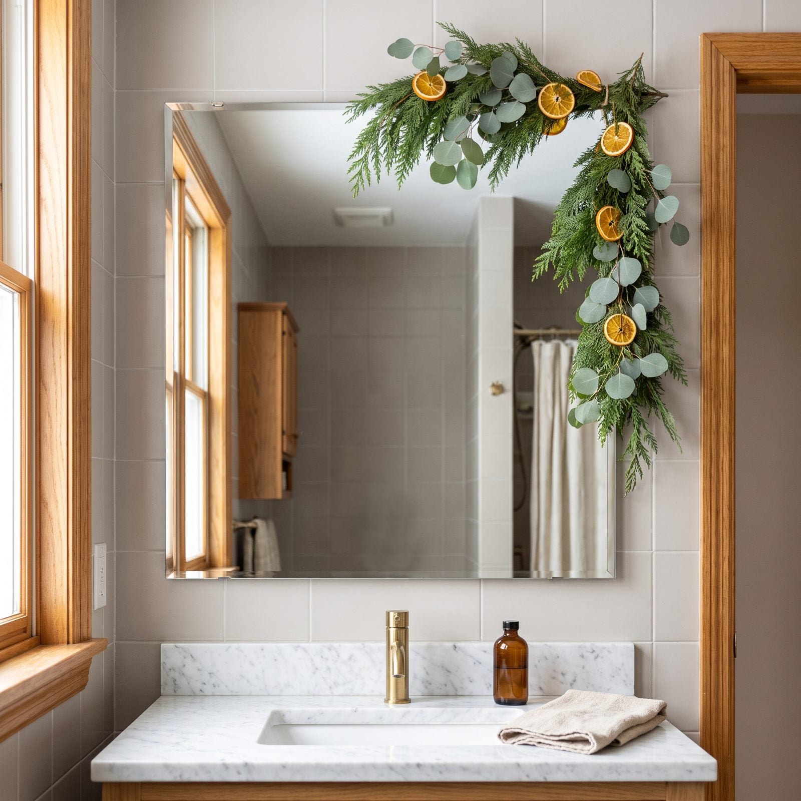 Drape a Short Swag Over the Bathroom Mirror
