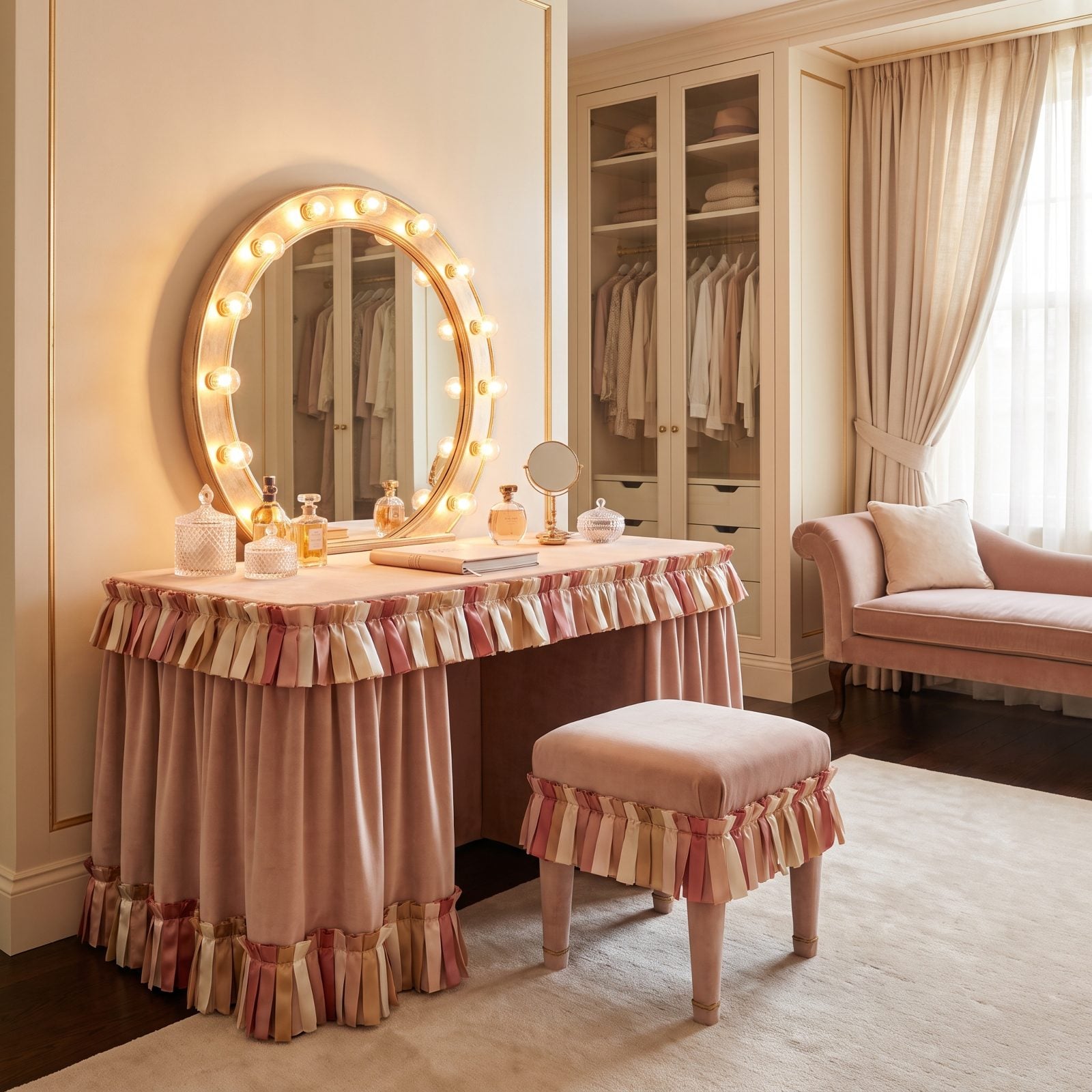 A Dressing Room Centered on a Ribbon-Covered Vanity