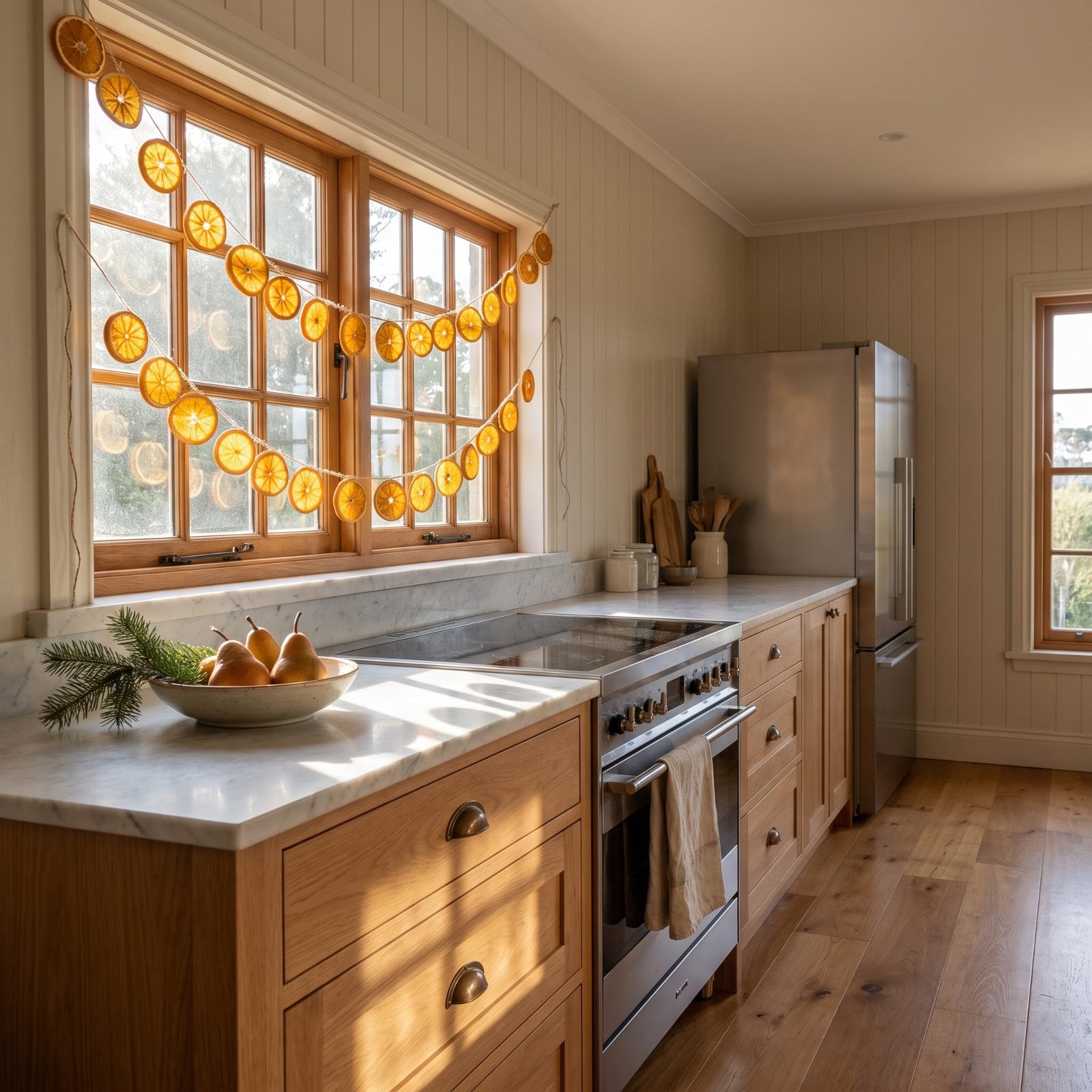 Dried Orange Slices Catching Light in a Kitchen Window