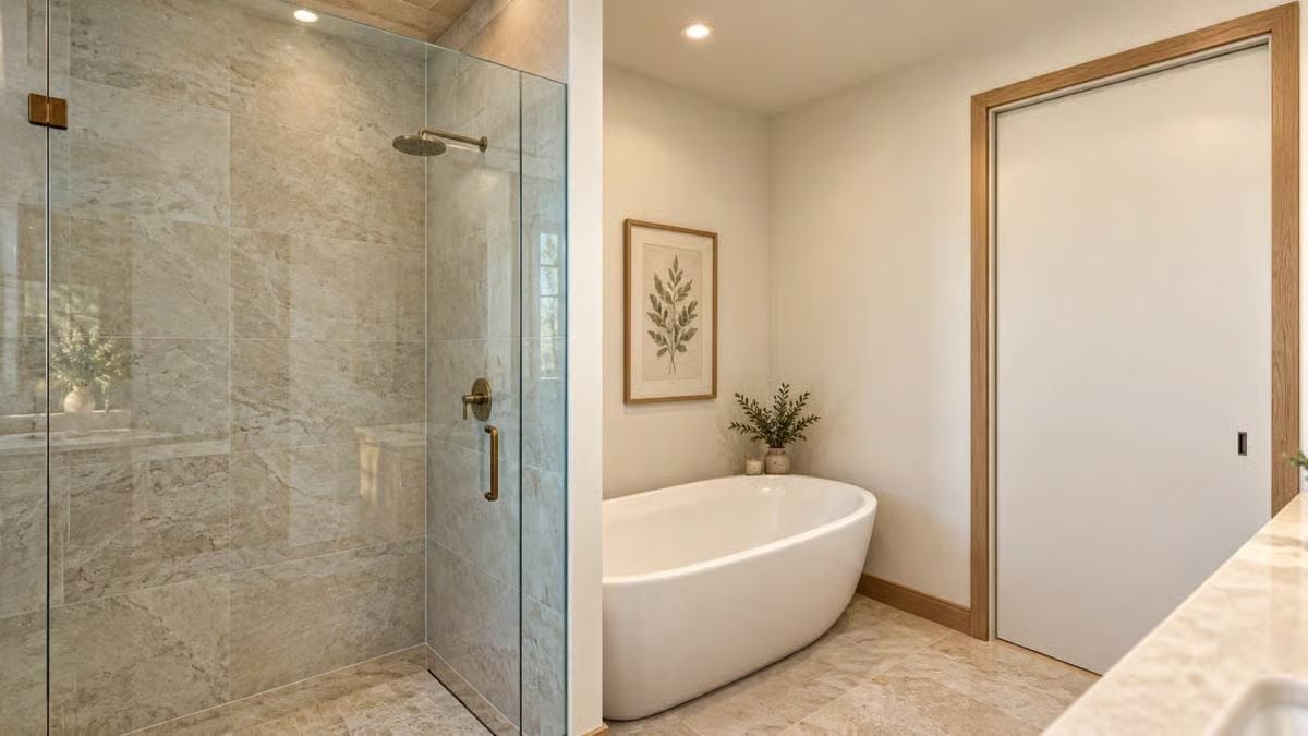 Gold Hardware and Stone Tile Make This Shower Worth the Square Footage