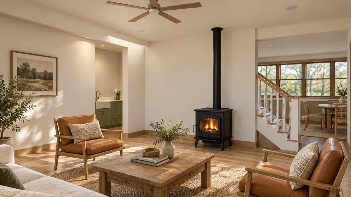 Leather Chairs, a Wood Stove, and Natural Light That Actually Does the Work