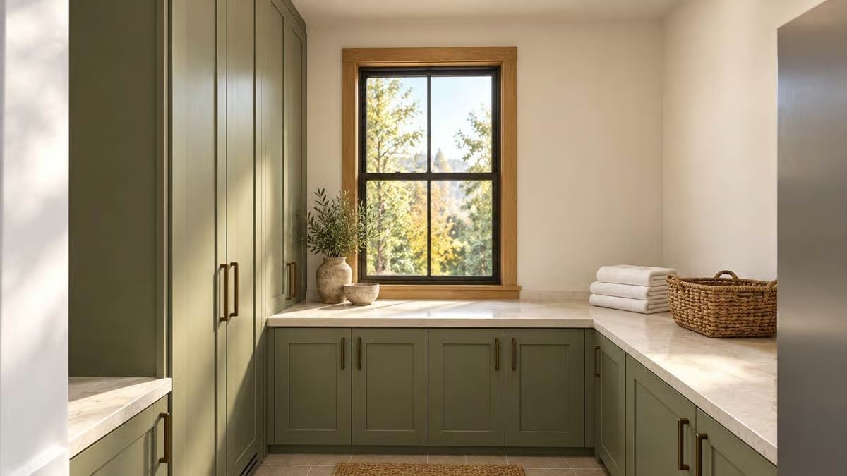 Sage Cabinets and Brass Pulls Give This Laundry Room No Reason to Hide