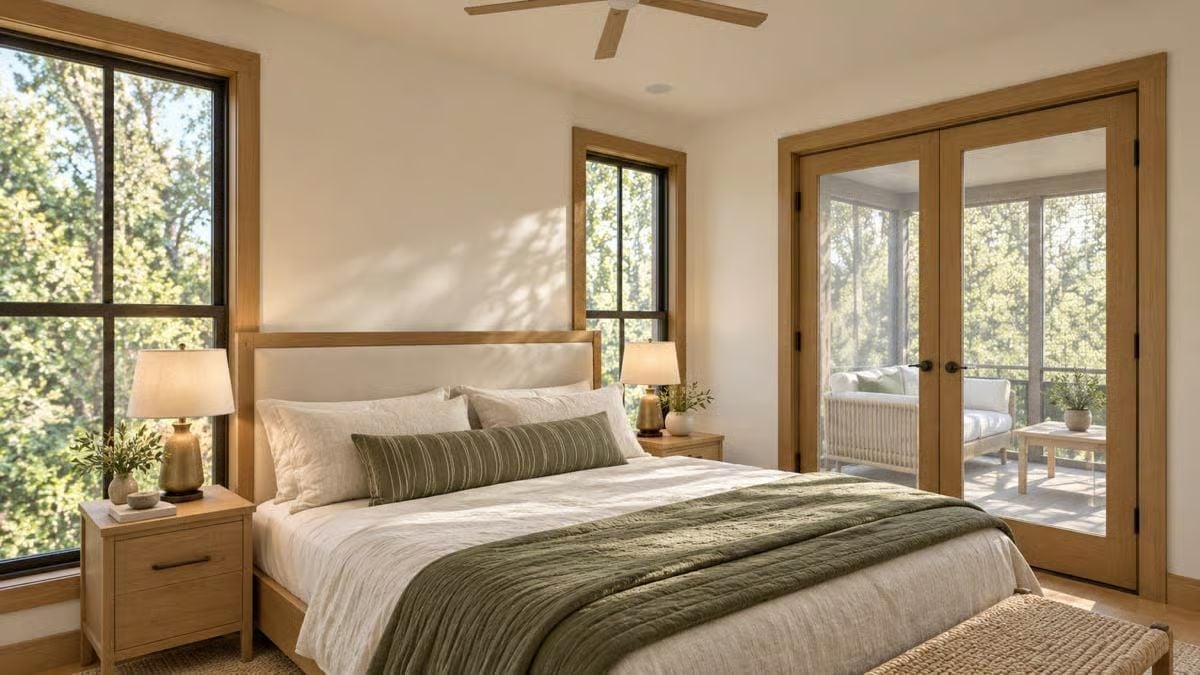 Warm Oak Trim and a Screened Porch View Make Sleep Feel Like a Reward
