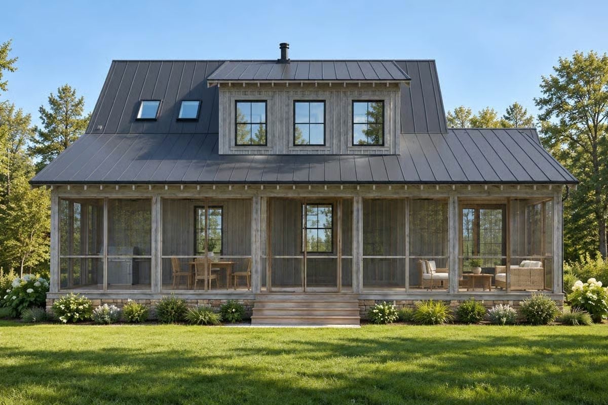 Weathered Wood and Black Metal Make This Screened Porch Feel Like a Permanent Getaway