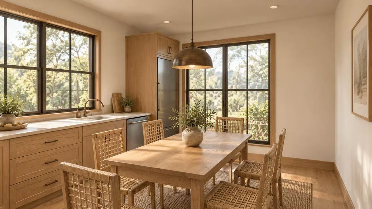 Woven Chairs and Warm Oak Turn a Breakfast Nook Into the Best Seat in the House