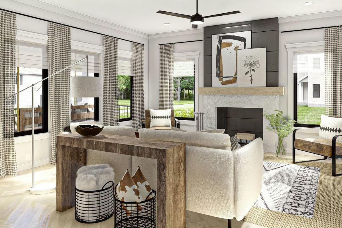Reclaimed Wood and a Dark Fireplace Surround Do the Heavy Lifting Here