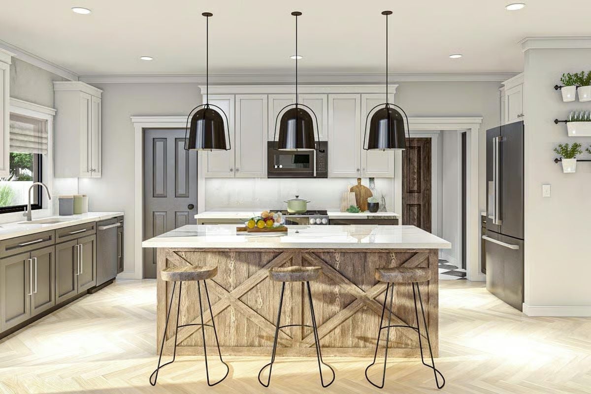 Reclaimed Wood Island Base, Black Pendants, and Three Barstools That Mean Business