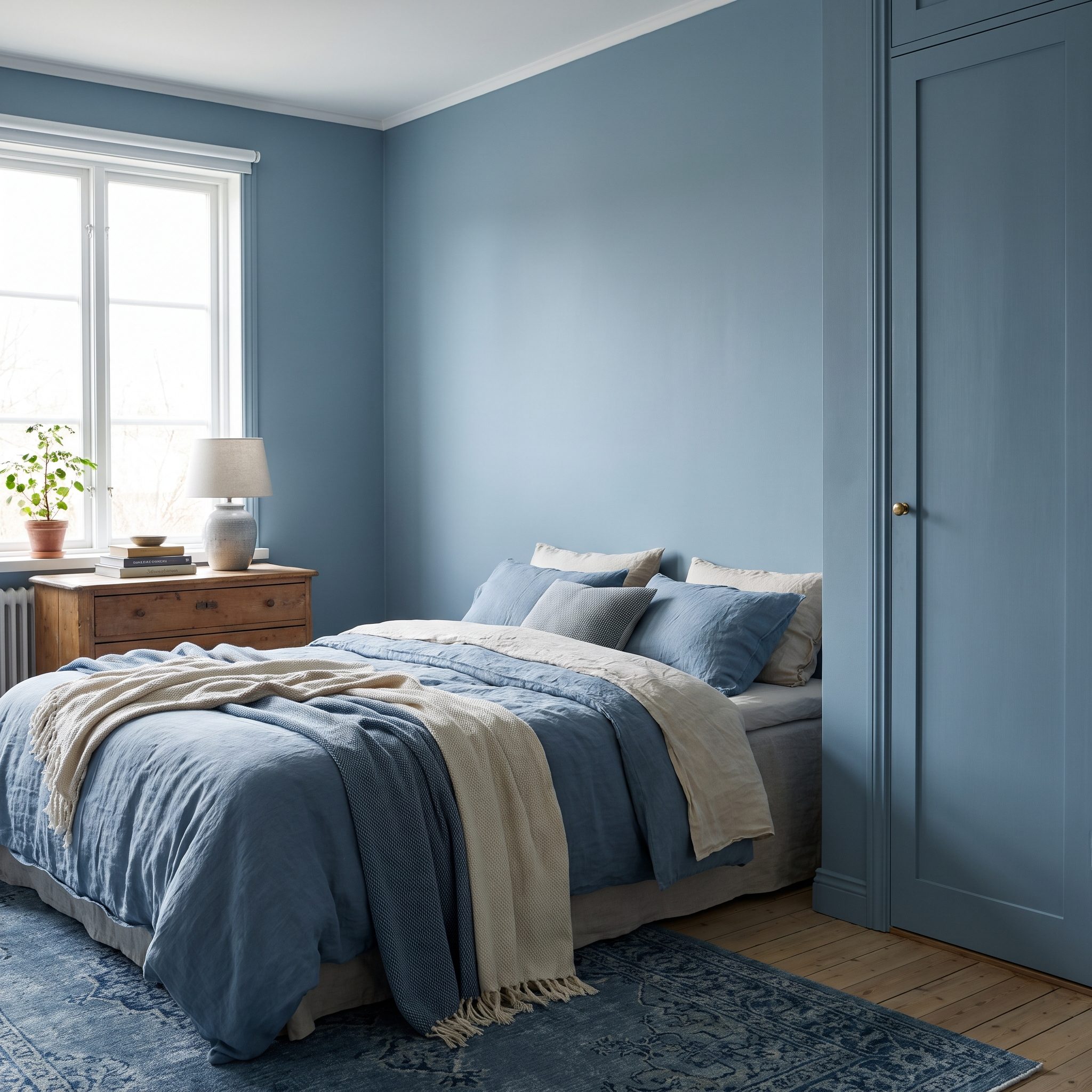 Dusty Blue Bedroom, Door and Moldings Disappear Into the Same Soft Blue