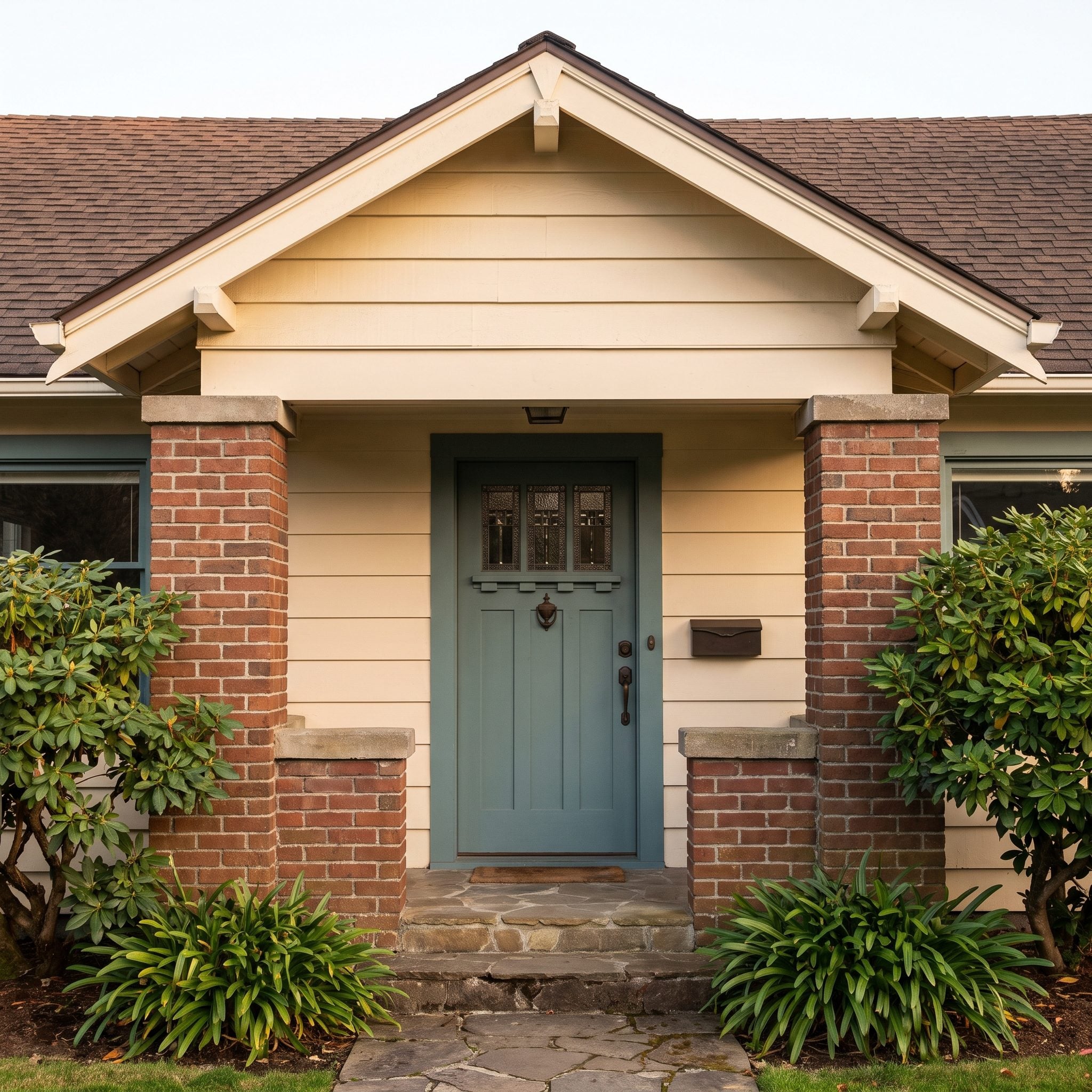 Dusty-teal Craftsman front door with russet brick, brown shingles, and cream siding