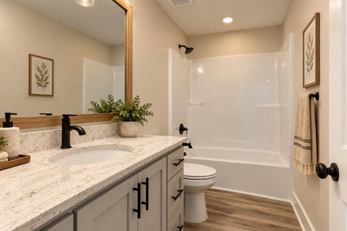 Granite Counters, Wood-Framed Mirror, and a Tub Surround That Keeps It Clean