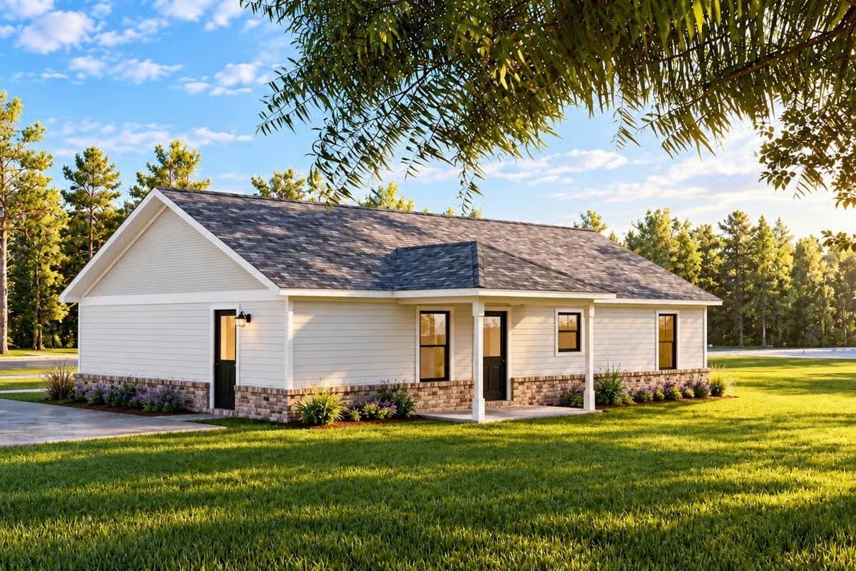 White Siding, Brick Base, and a Porch That Actually Has Room to Breathe