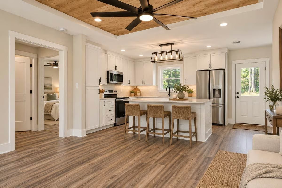 Wood-Ceiling Tray, Woven Barstools, and a Kitchen That Pulls the Room Together