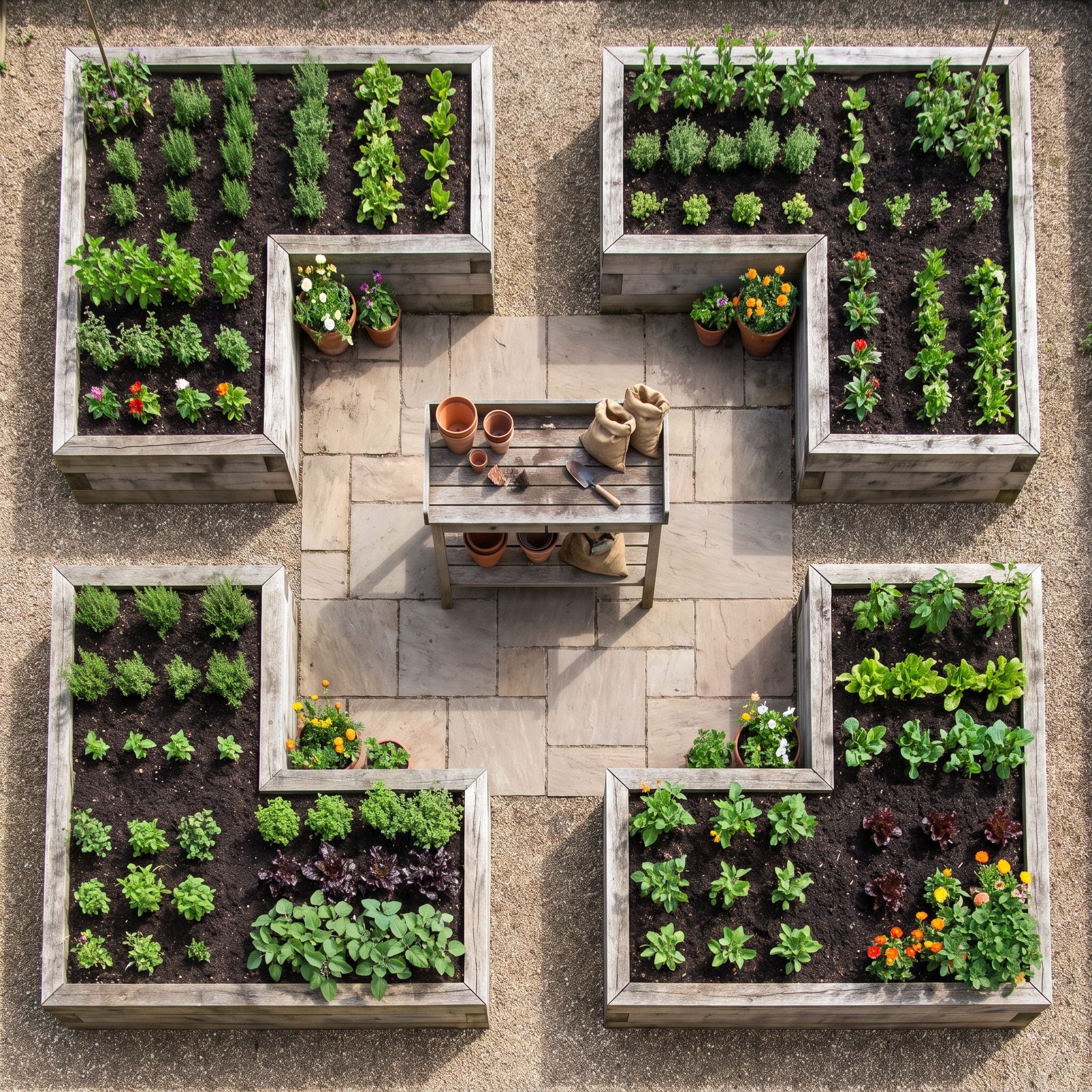 Kitchen garden with four Corten steel raised beds around a square gravel court and a timber potting bench at the rear