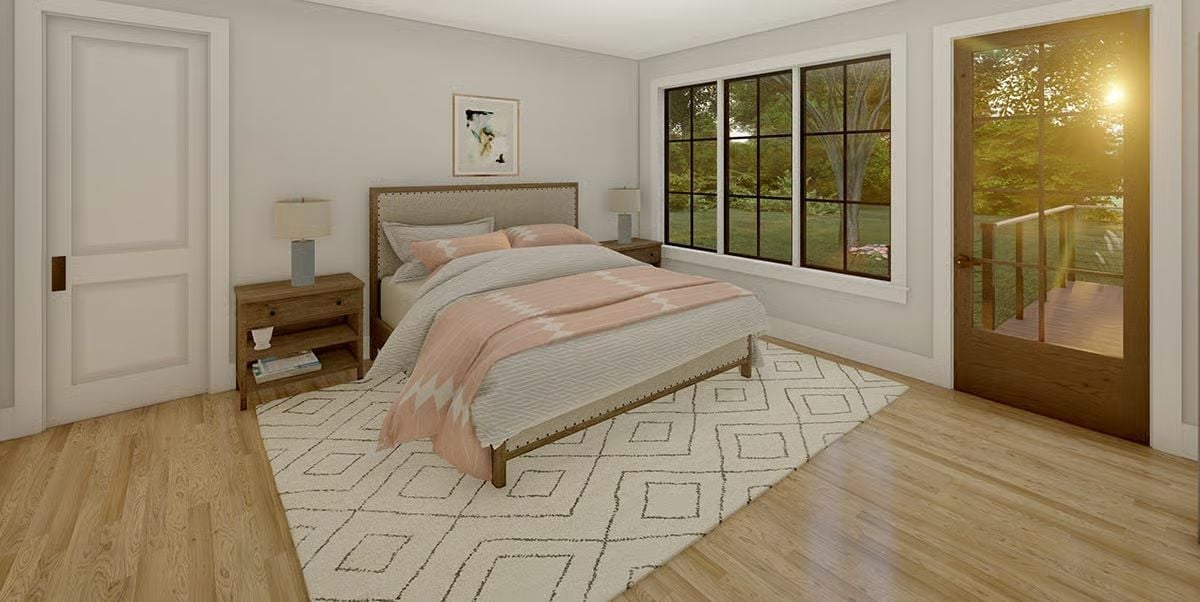 Blush Throw, Nailhead Headboard, and a Door That Opens Straight to the Deck