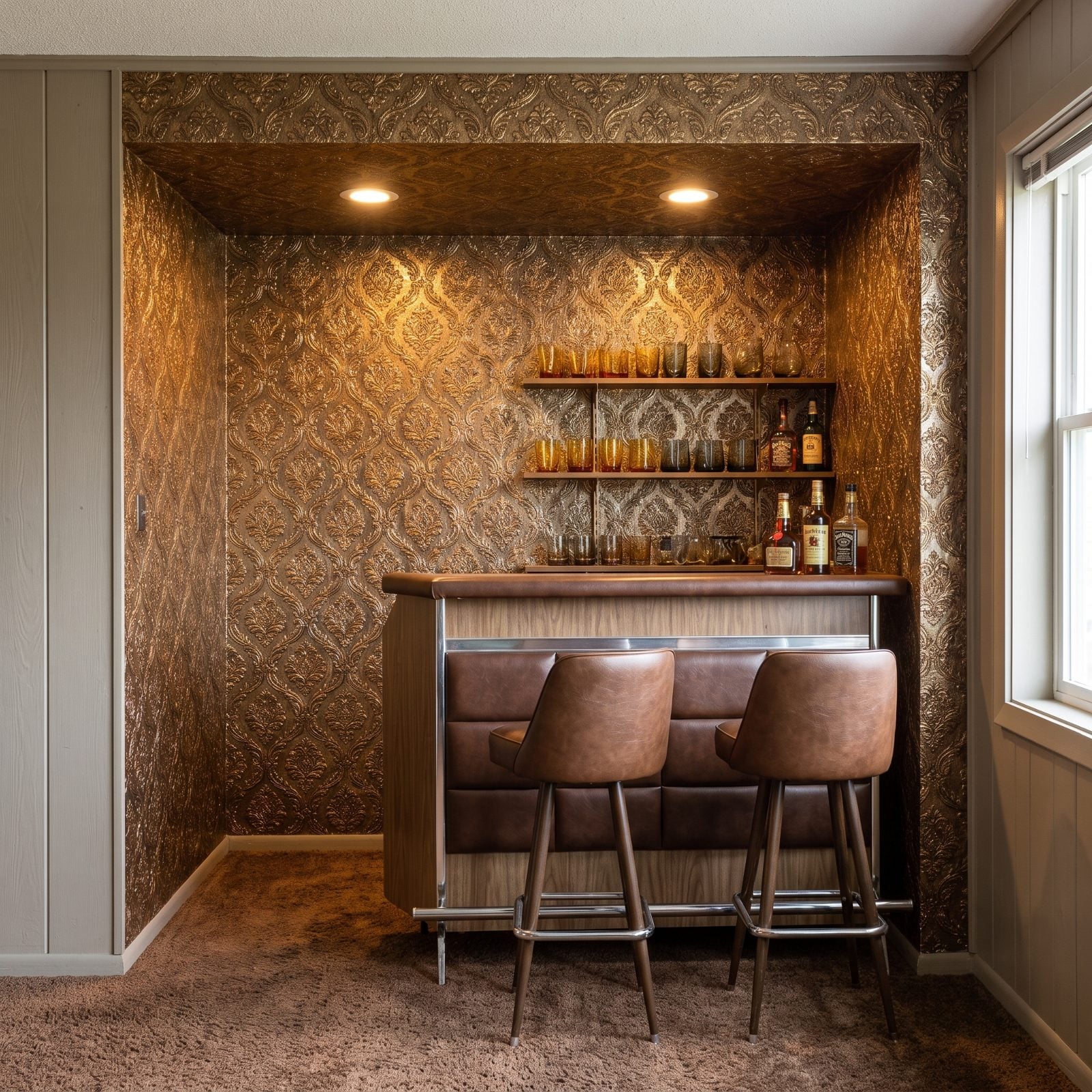 Embossed Metallic Wallpaper Around the Bar Alcove