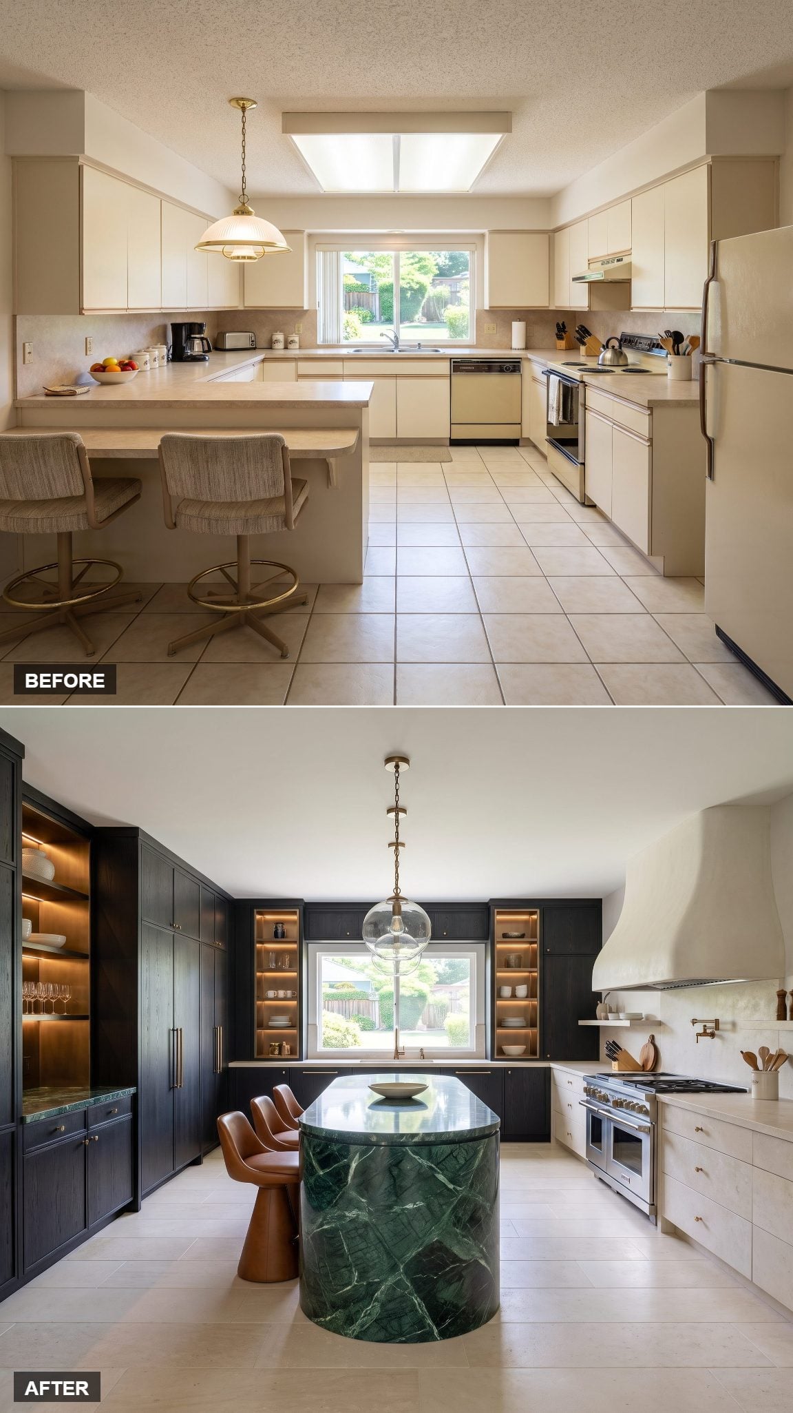 Blackened oak kitchen with emerald stone and bronze detailing