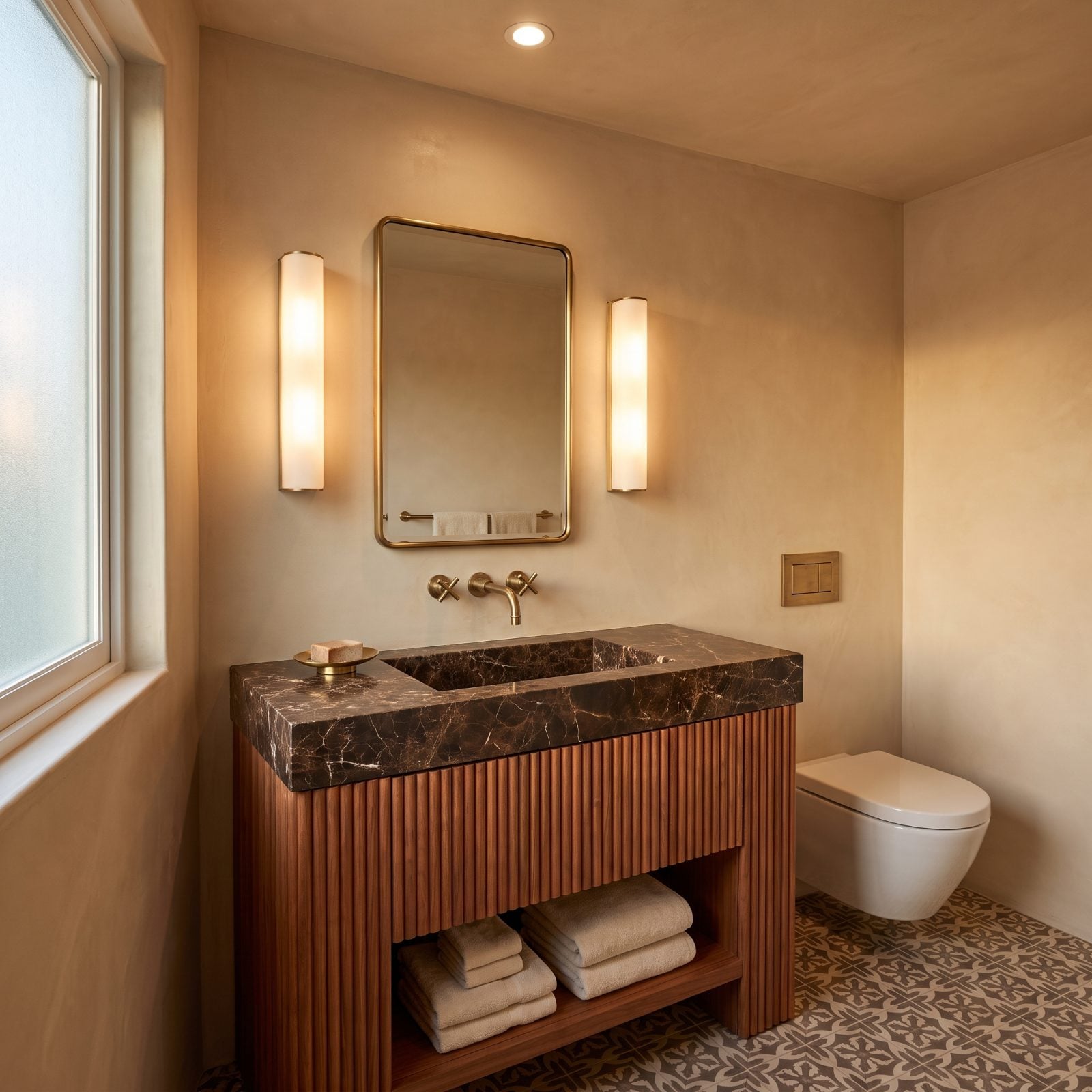 Emperador Basin Riding a Tambour-Walnut Vanity