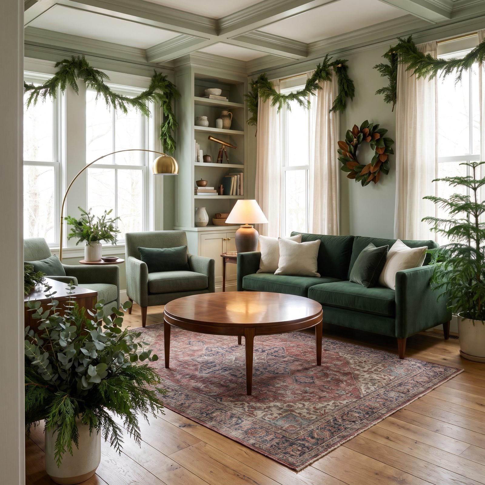 An Empty Coffee Table in a Greenery-Filled Living Room