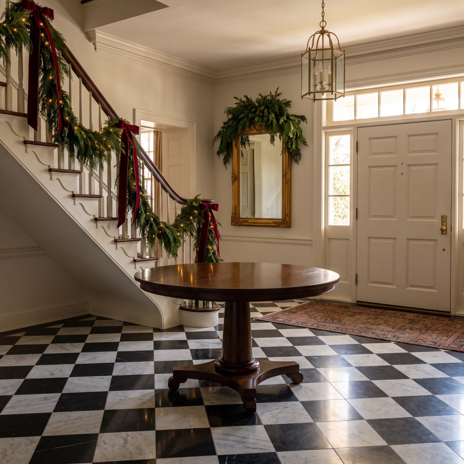 An Empty Pedestal Table Inside a Decorated Foyer