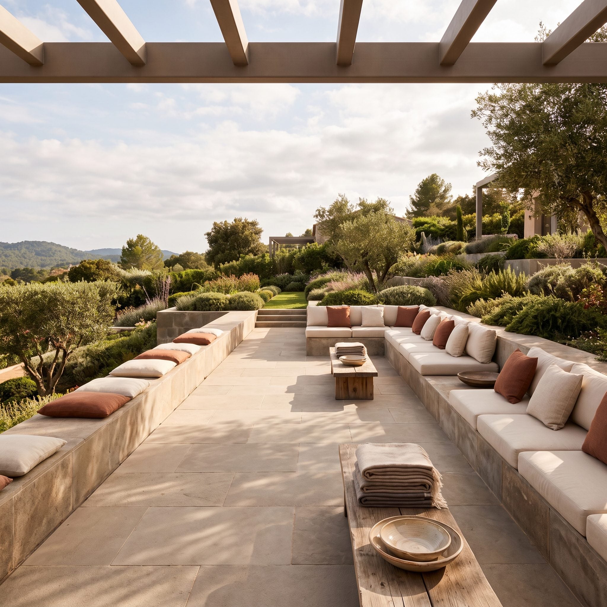 Limestone entertaining terrace bordered by cushioned masonry seat walls on two sides and a raised planting bed on the third, with rattan lounge chairs