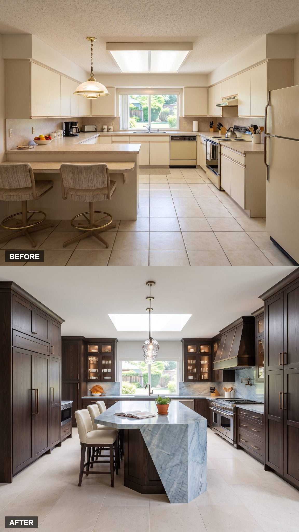 Espresso oak kitchen with an ice-blue quartzite island