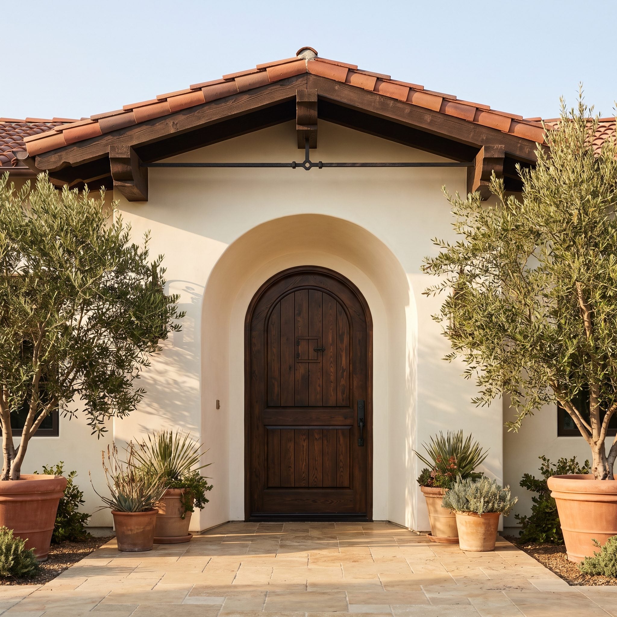 Espresso-brown timber door framed by an arched Spanish Revival entrance with cream stucco