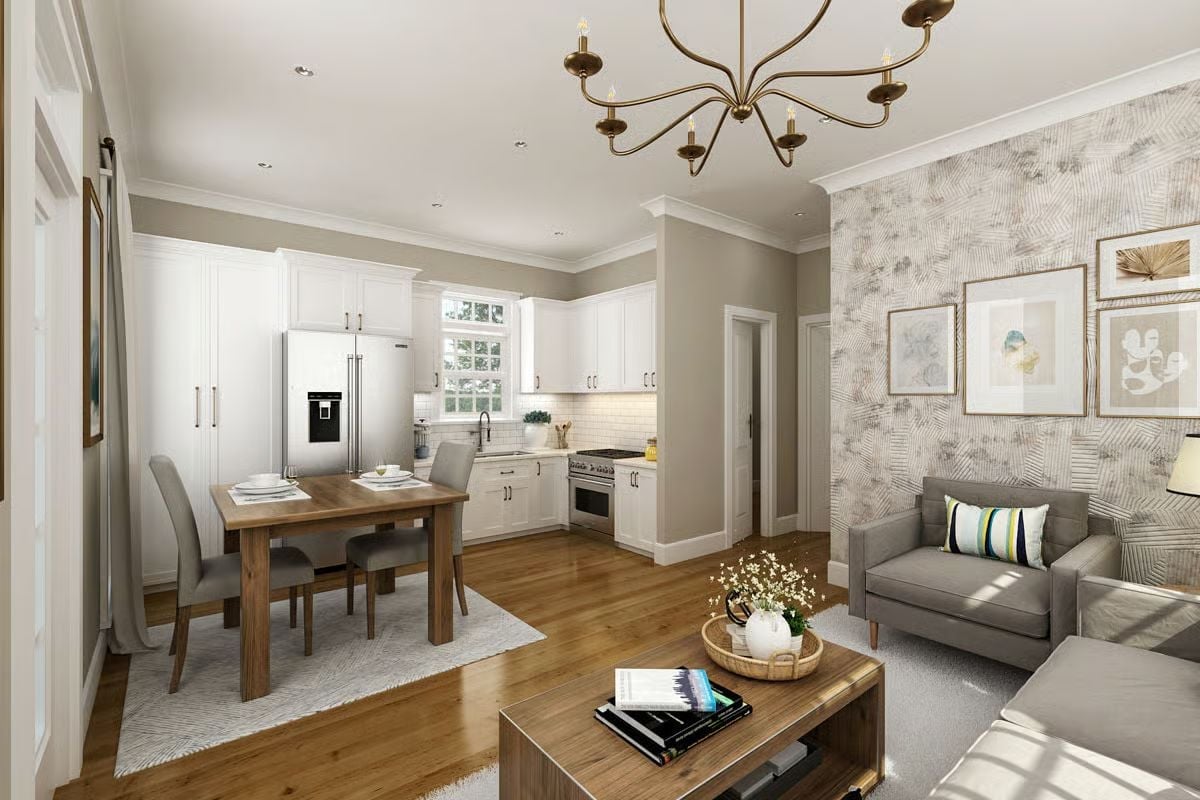 Brass Chandelier, White Cabinets, and One Very Good Wallpaper Choice