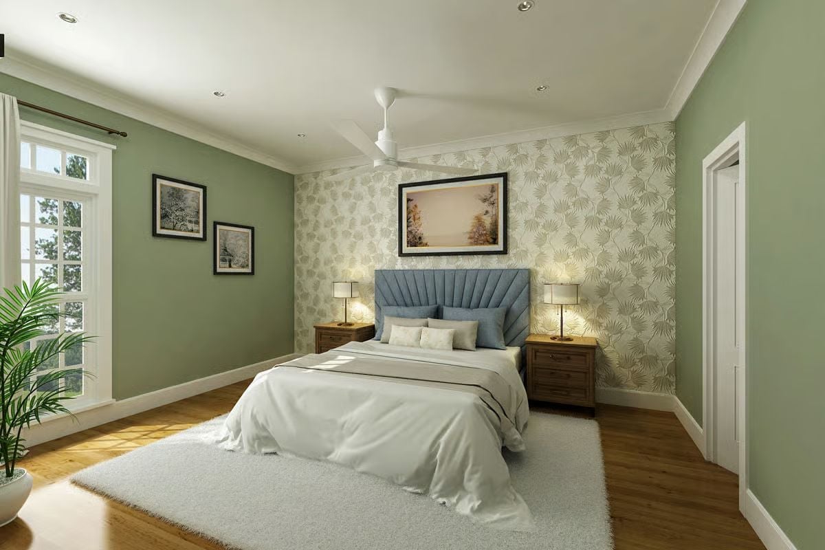 Sage Green Walls, Floral Wallpaper, and a Headboard Worth Centering the Room Around