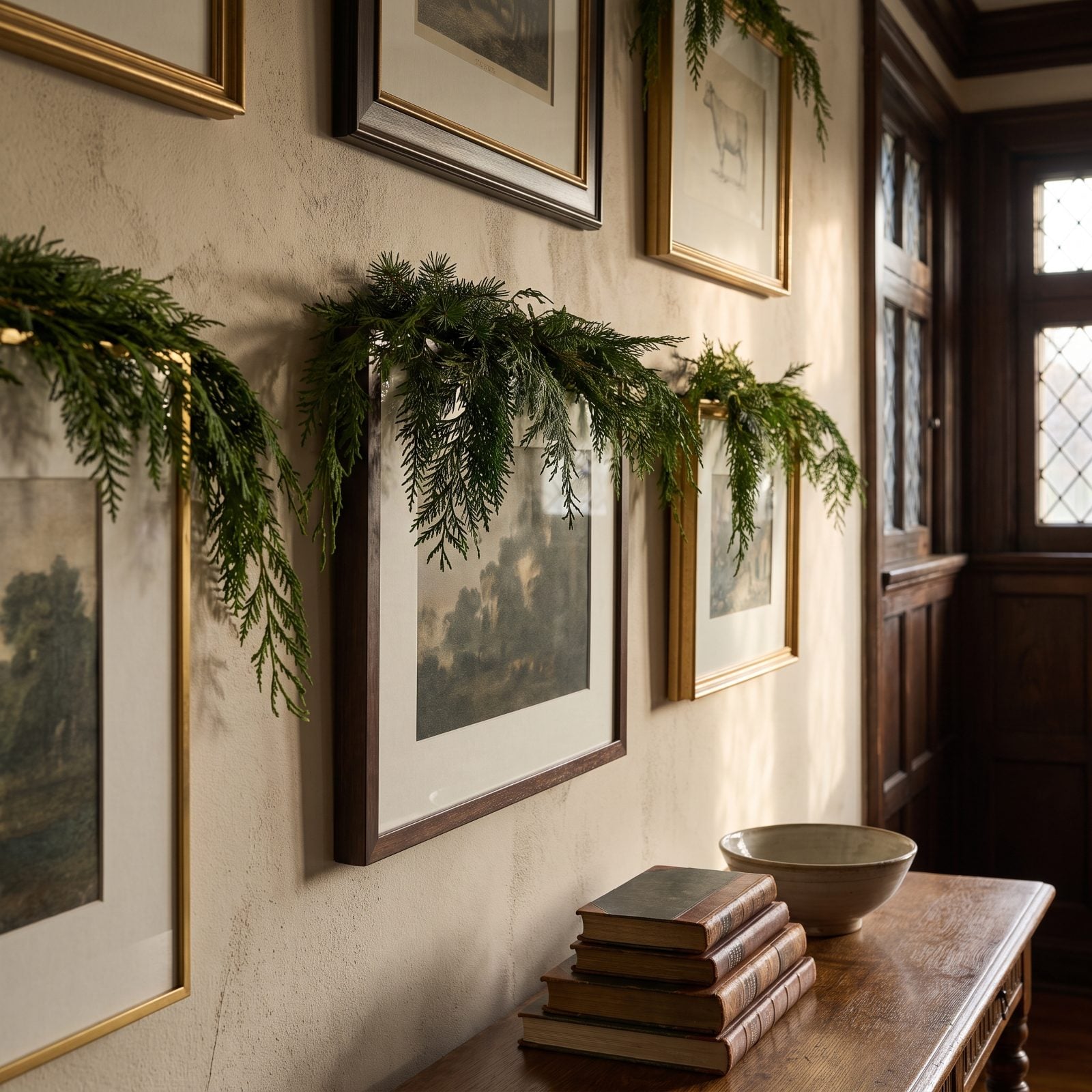 Evergreen Clippings Laid Along the Tops of Picture Frames