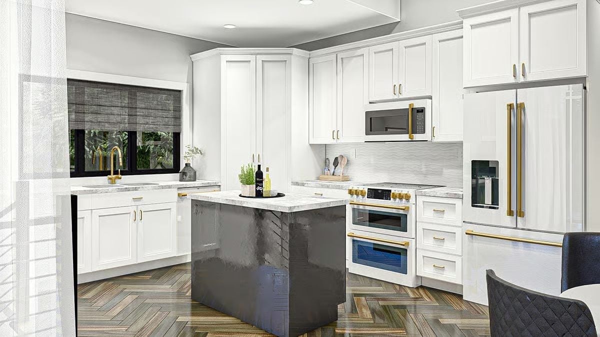 Glossy Dark Island, Gold Hardware, and White Cabinets That Don't Compete