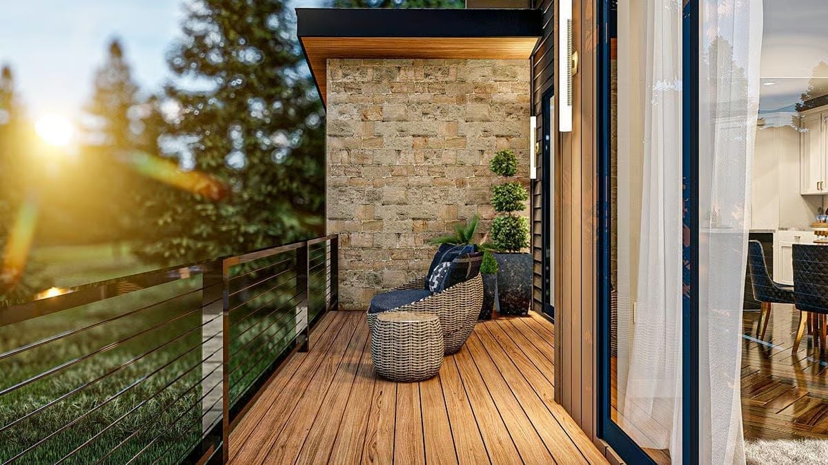 Wicker Chairs, Cable Rail, and a Stone Wall That Holds the Whole Balcony Together