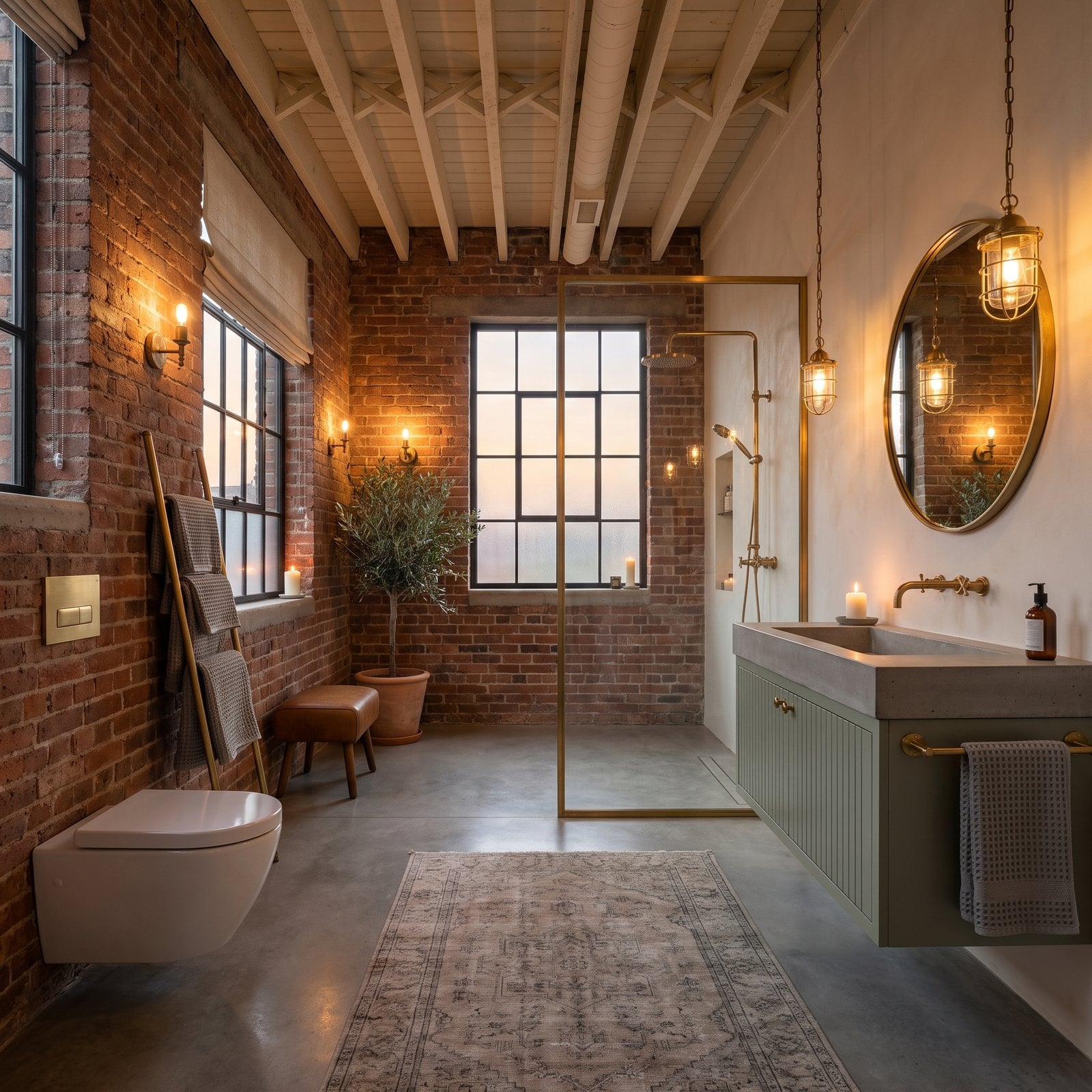 Exposed Brick and Steel Windows Softened by a Sage Vanity