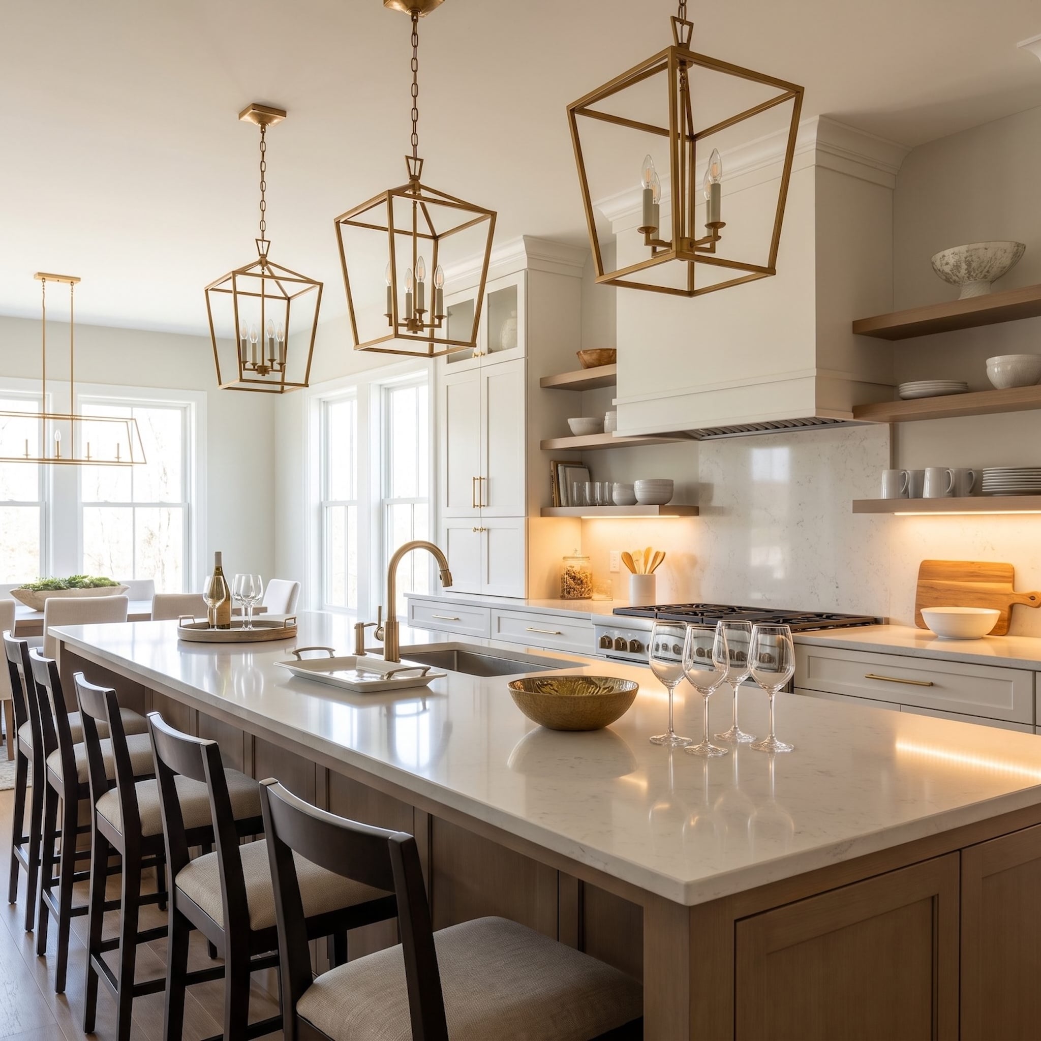 Extra-Long Entertaining Island With Three Medium Brass Lanterns