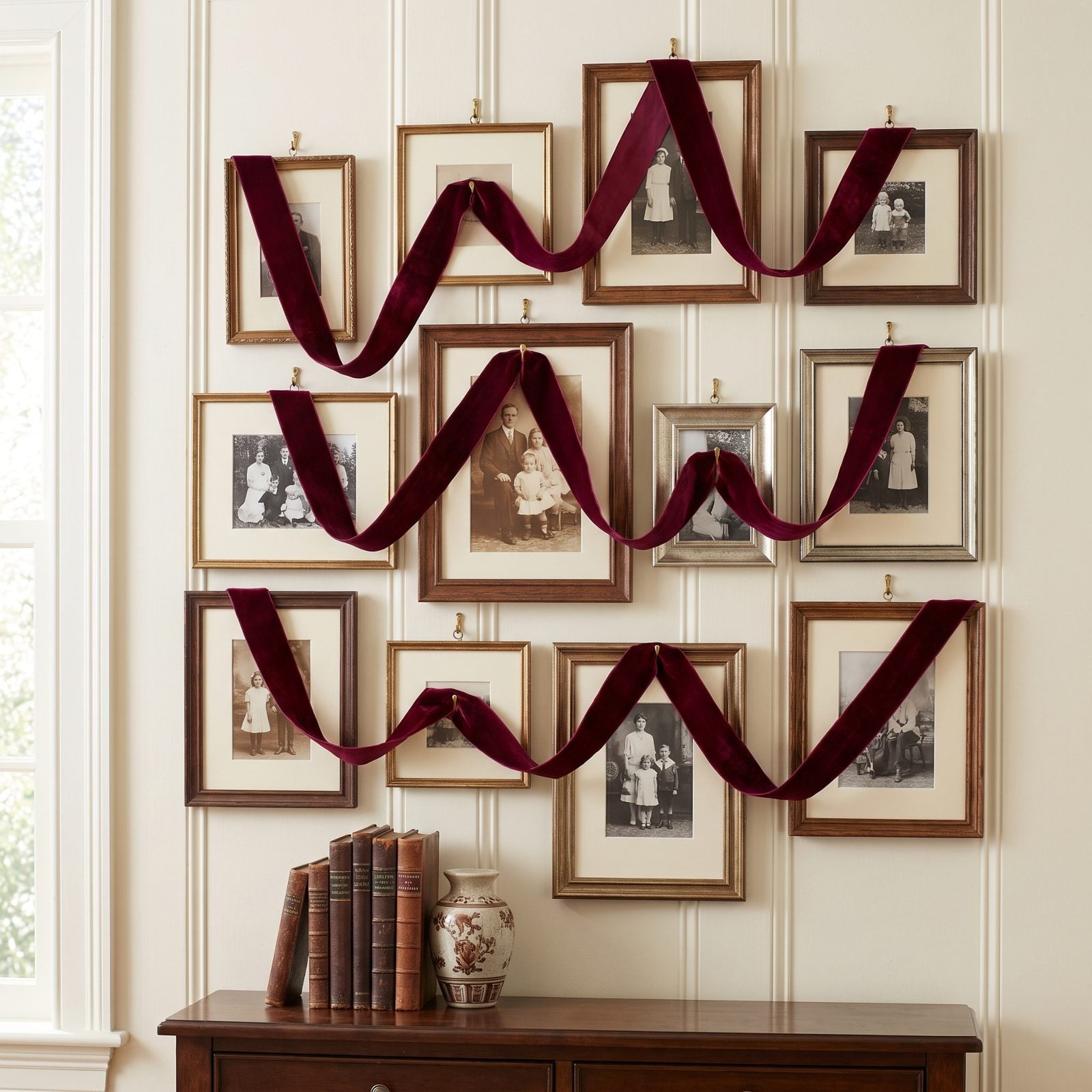 A Family Photo Wall Linked by a Sweeping Ribbon Installation