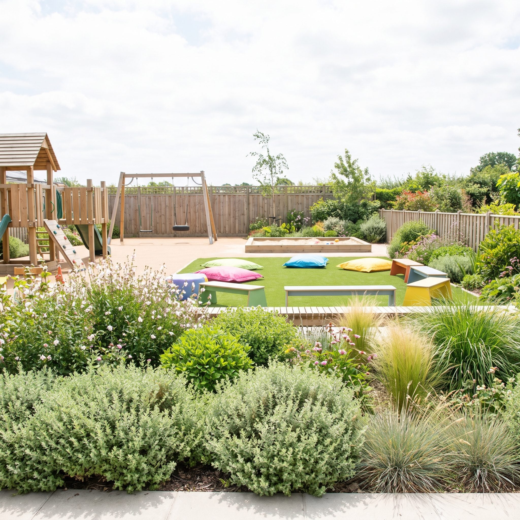 Backyard play zone with a tan resilient surface, low boxwood borders, a wooden climbing structure, craft table and adult lounge seating
