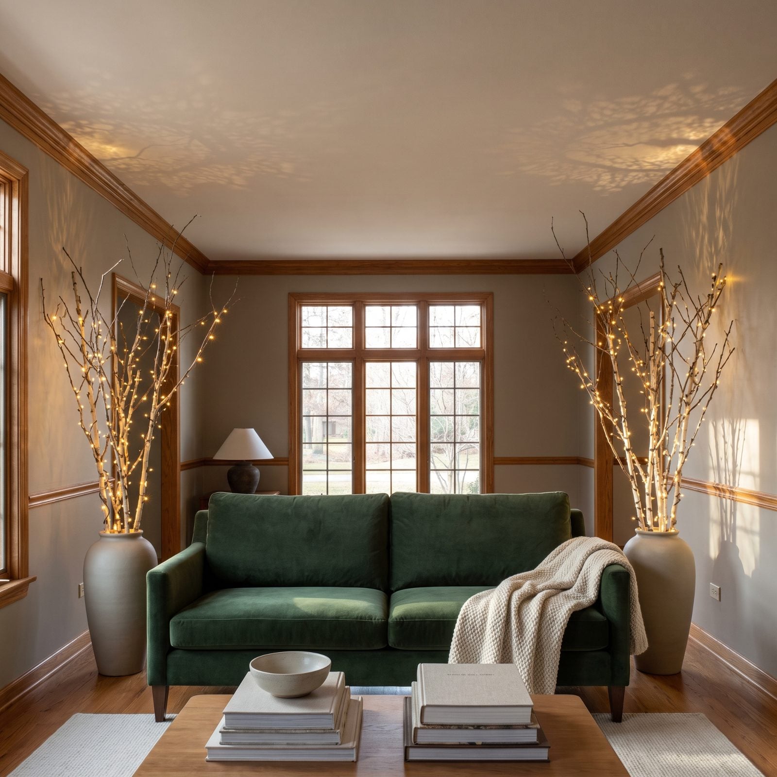 A Family Room with Lighted Branches in Floor Vases